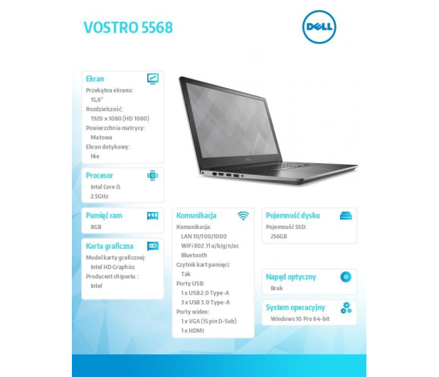 DELL VOSTRO 5568 i5-7200U/8GB/256GB SSD/Intel HD/15,6''/W10Pro Srebrny - 1388780 - zdjęcie 6